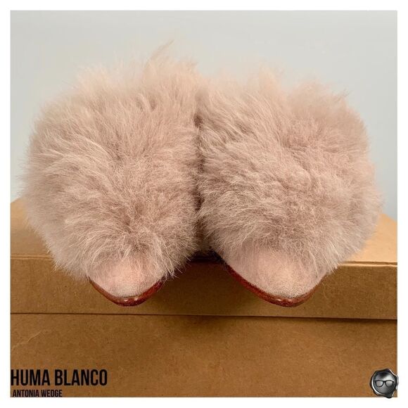 ANTHROPOLOGIE HUMA BLANCO ANTONIA WEDGE MULE SANDAL IN ROSE PINK ALPACA FUR TRIM - Picture 7 of 16